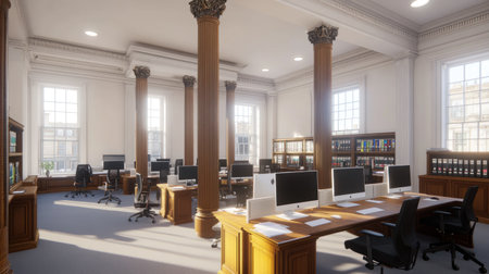 Modern office interior with desks and chairs, computer screens on the tables, panoramic windows, white walls, wooden columns in the background, a neutral color scheme with light beige and brown tones, daylight lighting, a photorealistic style, captured with a high-resolution camera and a wide-angle lens perspective. --chaos 30 --ar 16:9 --v 6.1 Job ID: f0b7baf8-902e-4b67-b26d-8b6821e17188の素材