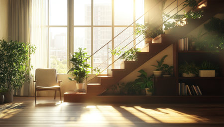 In the living room of an apartment in Japan, there is sunlight shining through large windows and plants on both sides of the wooden staircase steps. The scene has a warm color tone, creating a comfortable atmosphere. There is also a chair placed by one window, adding to its homey feel. --ar 53:30 --v 6.1 Job ID: 9e8a28dc-11c1-4014-8267-8bdc890016b7の素材