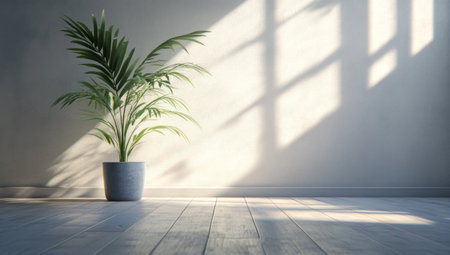 Empty room with a wooden floor and a plant in a pot on a white wall background. Realistic 3D rendering of a bright interior design with copy space, bright sunlight, shadows, natural light, highly detailed, sharp focus, cinematic, photorealistic, in the style of Blender. --ar 53:30 --v 6.1 Job ID: b45b7648-0c30-417f-9391-1bdba4ce685fの素材