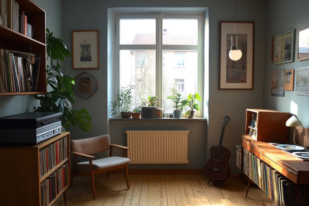 Interior of a modern apartment with a wooden floor, vintage furniture and decor, a rack, vinyl records on the wall, light grey walls, a wooden desk in the corner, plants, and a window. --ar 3:2 --v 6.1 Job ID: dfeefa9e-f949-492b-9b52-16df4d6b8fb3の素材