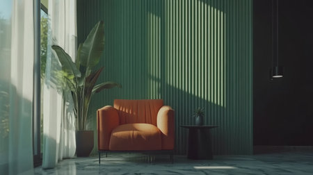 Modern interior design, with an emerald green wall featuring vertical stripes, terrazzo flooring, a modern orange armchair and a black side table, a pendant light, and a minimalistic style. This is a 3D rendering, with a close-up view and high-resolution photography. --chaos 30 --ar 16:9 --v 6.1 Job ID: ebc4f071-6437-468f-8f14-6dcf1270534dの素材