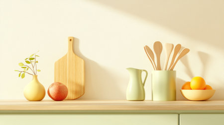 Minimalist kitchen countertop with light green cabinets and a wooden surface, featuring pastel-colored utensils, vases for fruit or flowers, against a plain cream wall. The scene is captured in a close-up shot with a shallow depth of field to emphasize the central composition. This image will be used as an interior design background, providing an ideal setting for product display mockups or special event decorations. --chaos 30 --ar 16:9 --v 6.1 Job ID: 7ebf72bf-e34c-4f75-9f08-bfce2d3e42aaの素材