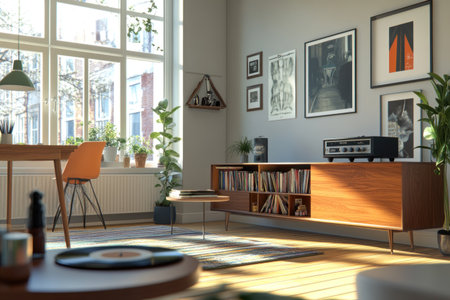 Interior of an apartment with a wooden floor, grey walls, and a white ceiling. Small vintage furniture, a record player on the wall, a hanger, planters in the corner, a dining table near the window, and a modern style. --ar 3:2 --v 6.1 Job ID: 56b3ff35-a34d-4925-8d17-576adae7e43bの素材