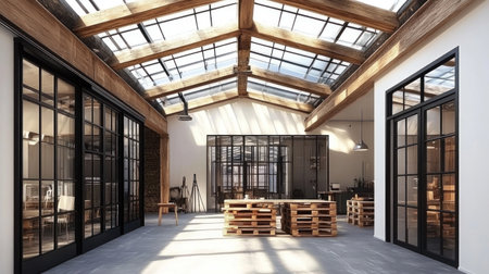 Modern industrial-style interior design of an attic apartment with skylights, wood pallet furniture, and black steel-framed glass doors. --chaos 30 --ar 16:9 --v 6.1 Job ID: df1e9d97-e0cf-4c3f-8aae-41e098c14522の素材