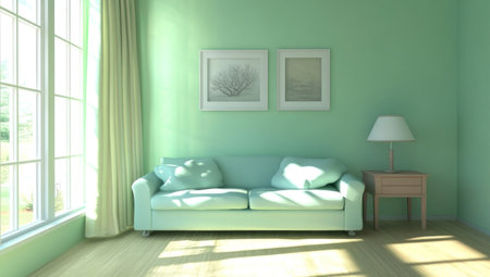 A light blue living room with a sofa and side table, featuring a simple decorative style. The walls are a light green, showcasing a minimalist interior design. The room is filled with bright, natural lighting, with a window allowing sunlight to shine in from the left, creating a calm atmosphere. The overall aesthetic is a modern home decor with a fresh color scheme. --ar 53:30 --v 6.1 Job ID: e80f4241-0502-4714-9eef-318e09465cc6の素材
