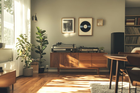 Interior of an apartment with a wooden floor, grey walls, and a white ceiling. Small vintage furniture, a record player on the wall, a hanger, planters in the corner, a dining table near the window, and a modern style. --ar 3:2 --v 6.1 Job ID: 16bbb789-bb3f-408c-9acf-1937a85efe52の素材