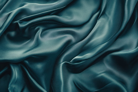 Green teal silk satin fabric background, texture. Close-up view of dark green teal cloth material backdrop for design and decoration in a studio. Banner with copy space. --ar 3:2 --v 6.1 Job ID: 4136447d-1864-46b4-913b-b1fb62d00250の素材