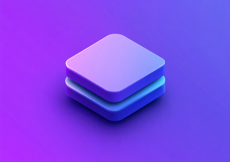 Isometric purple and blue icon of two squares stacked on top. Isolated illustration on a solid background with a purple color theme and a purple gradient background. Soft lighting, smooth flat shading, 3D render, in the style of Cinema 4D, isometric details, is the logo for the Trois D cellphone app. Isometric design, simple and minimal, modern design, UI/UX app icon design, high resolution, high detail, high quality. --ar 27:19 --v 6.1 Job ID: b905c05a-4745-4355-8f2a-513bebdb6749の素材