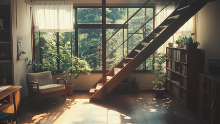 Interior of an apartment in Tokyo, a wooden staircase leading up two floors, large windows with sunlight streaming through, plants on the floor and table, an armchair near the stairs, a cinematic shot, natural lighting, a sunny day, in the style of a Kodak film photograph. --ar 53:30 --v 6.1 Job ID: ddf23f06-ca9b-461c-8b7c-c711fac05743の素材