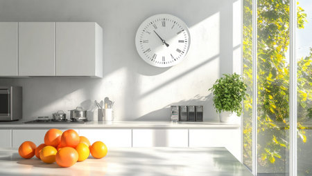 A kitchen scene with white cabinets, a large clock on the wall, and light shining in from outside through an open window. On one side of the counter are fruits, while behind it stand modern appliances like ovens and microwaves. The style should be minimalist, with bright lighting and a focus on natural colors. The camera angle captures the entire space, showcasing the sleek design of both interior elements and kitchen equipment. --ar 53:30 --v 6.1 Job ID: 5da646ef-2a74-450e-a867-be7f5eb9b43aの素材