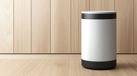 Minimalist kitchen interior with white cabinets, light wood walls, and a dark blue accent color. This 3D rendering mockup includes copy space for text or design. --chaos 30 --ar 16:9 --v 6.1 Job ID: bdd29289-63c4-462a-897a-345f6553a708の素材