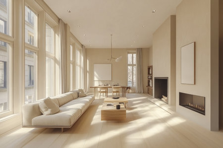 Large living room with light wood floors, beige walls, and a white ceiling. Large windows on the left side of the wall, a fireplace in front of the couch, a small table between the sofa chairs, and wooden accent tables near the sofa. Warm lighting from the lights above. Modern home interior design. --ar 3:2 --v 6.1 Job ID: 0c44db6f-6689-4ef7-a216-44713cb23bd1の素材