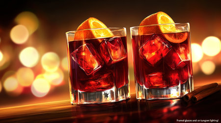 "Framed glasses and spritz on tungsten lighting!" Ginseng mulled wine with cinnamon, orange, and ginger in glass glasses on a wooden table against a blurred background of Christmas tree lights. Red, beige, and black colors. --chaos 30 --ar 16:9 --v 6.1 Job ID: 13e3a796-30b1-4440-9094-a62762e8227dの素材