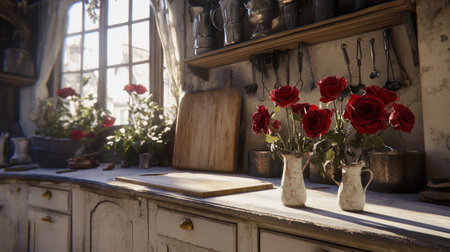 A kitchen scene with white cabinets, countertop, and windowsill, featuring red roses in vases on the table. There is also an empty wooden board for display of products. The background features a window through which sunlight shines into the room. On one side, there are cooking utensils. --chaos 30 --ar 16:9 --v 6.1 Job ID: 8f7aaee9-52fd-4bfc-b4d2-e2c17a9f5991の素材