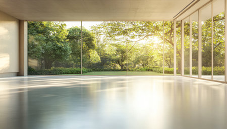 An empty dance studio with large windows, a bright white floor, and soft sunlight streaming in from the outside. The room is spacious and has no furniture inside it, creating an atmosphere of freedom for dancing or artistic expression. In front, there's a wide window showing trees and greenery outside, adding to its fresh and airy feel. This scene captures a serene yet dynamic space perfect for various forms of movement, such as ballet, jazz, modern dance, and more, suitable for photography or video shooting. --ar 53:30 --v 6.1 Job ID: be1925ac-5f40-44ff-85b1-84be49135a82の素材