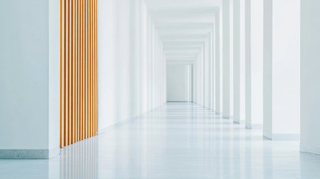 A white wall with wooden slats on the left side of an office building hallway, a flat floor, and three doors leading to rooms on both sides. The scene depicts a modern, photorealistic architectural interior with natural daylight. --chaos 30 --ar 16:9 --v 6.1 Job ID: 4bbcbcf6-0f38-4853-9d2d-be5afa971ecaの素材