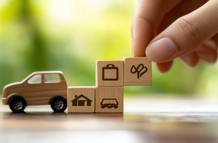 Hand placing wooden blocks with icons for health, home, and car on a table, representing the concept of life insurance. High-quality photograph of a hand holding building blocks. Copy space available. High resolution, color background, photorealistic. Simple design, high level of detail, hyperrealistic photography. --ar 23:15 --v 6.1 Job ID: 77a335b4-e66b-49e4-b7a2-cc2e2893ece9の素材
