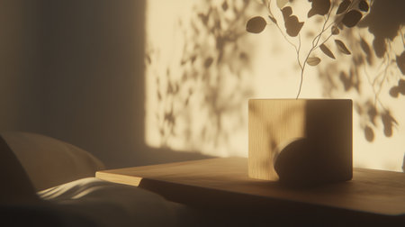 Minimalist interior design with a wooden side table and a white wall background. A vase of eucalyptus is placed on the stand, casting beautiful shadows on the clean surface. The room exudes tranquility through its simplicity and minimalistic elements. --chaos 30 --ar 16:9 --v 6.1 Job ID: 68d4859b-c22f-4c16-9612-a927cf195da3の素材