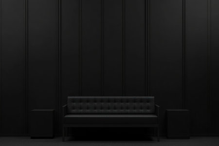 Minimalist black wall background with a sofa and sideboard, 3D rendering illustration of interior design for a home decor mockup, copy space concept. Black modern minimalist room interior mock-up with furniture, no people, no shadows. --ar 3:2 --v 6.1 Job ID: 9f396ada-69cd-4ed0-861f-8aed7640c7f8の素材