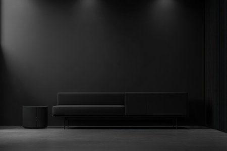 Modern interior design, a black wall with a sofa and sideboard, an empty space for a mockup or advertising, minimalist home decor. A minimalist living room in a dark gray color. --ar 3:2 --v 6.1 Job ID: 5e5cb2d8-a43c-4152-8477-9d2eba7a1726の素材