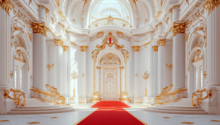 A grand, white palace hall with golden decorations, a red carpet on the stairs leading to an open door at one end of it. The white walls and columns are decorated in gold, with bright light streaming in from above. The symmetrical composition exudes a sense of grandeur, reminiscent of a fantasy world in the style of anime. --ar 53:30 --v 6.1 Job ID: 7b6db8ce-9ba2-4c40-aa14-4b935ed229dbの素材