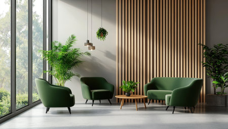 Modern interior design of the waiting area in an office with green chairs, sofa, and wooden screen. The style is Scandinavian, with plants and natural light. The concept is about minimalism and modernity for business spaces. --ar 53:30 --v 6.1 Job ID: 5706bf13-9ee6-46d0-b2ec-39dea672b74eの素材