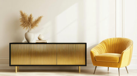 A golden wooden cabinet with black doors stands against the white wall, and next to it is an armchair in a light yellow color. The interior of a minimalist style features natural lighting and shadows, creating a cozy atmosphere. A plant or vase can be placed on top of the sideboard for decor. This is a wide-angle shot with low contrast, high-resolution photography, hyper-realistic, cinematic, and professional color grading. --chaos 30 --ar 16:9 --v 6.1 Job ID: 56037a48-5496-4806-91c4-ed4c94c6c4deの素材