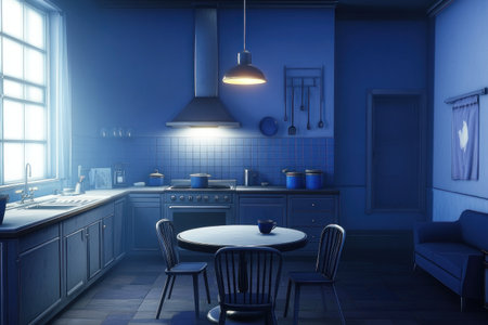 Minimalist studio apartment kitchen, grey cabinets and blue walls, round table with chairs, pendant lights, metallic silver stove hood, blue ceramic pots on the counter, dark wooden floor tiles, blue sofa in the corner, minimalistic decor, soft lighting, warm atmosphere. --ar 3:2 --v 6.1 Job ID: aa1c7f2f-5543-469e-988a-d6779f6f7403の素材