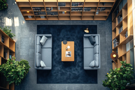 Aerial view of an office lounge with two gray sofas and a coffee table, a dark blue carpet on the floor, modern architecture, wooden bookshelves in the background, and natural light. High-resolution photography. --ar 3:2 --v 6.1 Job ID: d968a82f-80f7-473e-be7d-3565a1c0ab63の素材