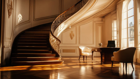 A grand, spiral staircase leads to the upper floor of an elegant mansion with ornate wall panels and antique wooden floors. The room is lit by warm, vintage lights that cast long shadows on the polished wood flooring. A sleek, modern desk sits at one end, near two comfortable chairs, adding contrast against the soft, white walls. This scene captures opulence in every detail, from the lavish design of the stairway to the refined ambiance created through lighting techniques. --ar 53:30 --v 6.1 Job ID: 0c7a3c6c-9ec5-4a96-9b44-ef04c9736373の素材