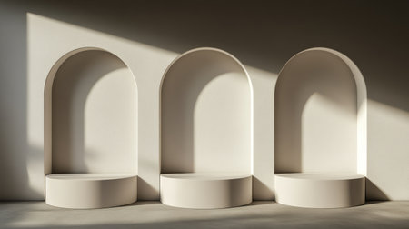 Minimal abstract background for product presentation, a beige podium with three different circles and arched shadows on the wall, and soft lighting. --chaos 30 --ar 16:9 --v 6.1 Job ID: 6e36ce1d-661d-43a4-9b76-bd51d73cdb74の素材