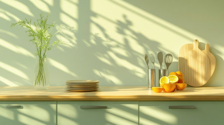 Minimalist plain beige background for product photography, featuring light green cabinets, with just one wooden countertop and kitchen utensils, a vase of fresh fruit, and a stack of plates, creating an elegant atmosphere. --chaos 30 --ar 16:9 --v 6.1 Job ID: 0f237279-8e68-4e96-bf88-c4878add31c3の素材