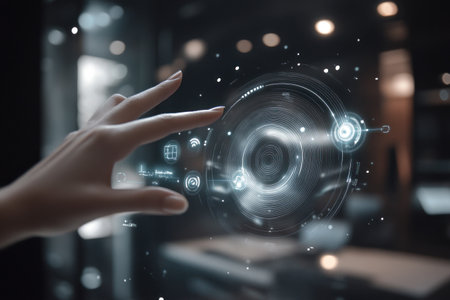 A person touching the icon of an audio wave, representing voice search on their mobile device. The sound waves symbolize AI-based speech-to-text conversion as they form into floating circular icons in front of and around them. In the background is a blurred office space with modern design elements. The color theme is dark. High resolution. --ar 3:2 --v 6.1 Job ID: fe84b8e8-12c2-48e3-8ce5-814fd3faa846の素材