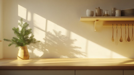 Minimalist kitchen with a light wood countertop and white walls, decorated for Christmas. The wall is blank for text or product display. There's an empty shelf above the counter. A small wooden vase holding greenery adds warmth to the space. Understated decorations like cutlery, plates, pots, and vases add character. Bright natural lighting highlights the details of each object. --chaos 30 --ar 16:9 --v 6.1 Job ID: 979bab12-97de-4c57-bf28-d58f7694dde5の素材