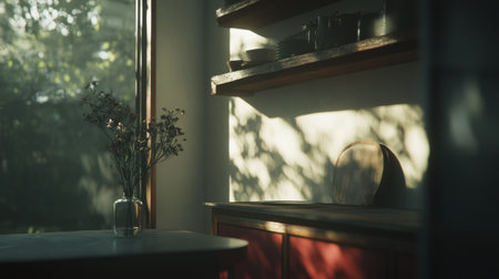 Minimalist white kitchen with a window, red accents on the wall and table. A vase of flowers sits in front of an open wooden shelf displaying dinnerware. The light from outside is shining through the glass window, creating soft shadows inside. --chaos 30 --ar 16:9 --v 6.1 Job ID: e3af041a-9659-45d7-8fdf-ae0d90c3bb4bの素材