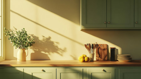Minimalist plain beige background for product photography, featuring light green cabinets, with just one wooden countertop and kitchen utensils, a vase of fresh fruit, and a stack of plates, creating an elegant atmosphere. --chaos 30 --ar 16:9 --v 6.1 Job ID: 0f237279-8e68-4e96-bf88-c4878add31c3の素材