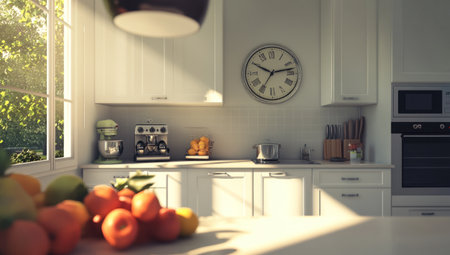 A kitchen scene with white cabinets, a large clock on the wall, and light shining in from outside through an open window. On one side of the counter are fruits, while behind it stand modern appliances like ovens and microwaves. The style should be minimalist, with bright lighting and a focus on natural colors. The camera angle captures the entire space, showcasing the sleek design of both interior elements and kitchen equipment. --ar 53:30 --v 6.1 Job ID: 5da646ef-2a74-450e-a867-be7f5eb9b43aの素材