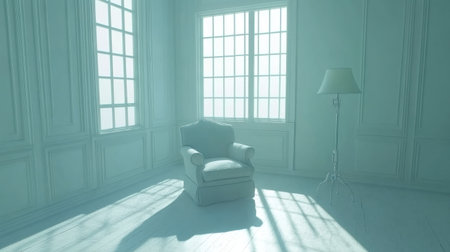 Modern interior, white walls with empty space for mockups or decorations, a grey armchair and floor lamp on parquet wooden flooring. Minimalist home design background. --chaos 30 --ar 16:9 --v 6.1 Job ID: f897266e-0dc7-4ed5-aeaa-8e76123b25fdの素材