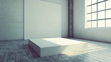 A large white square podium stands in an empty room with a blank wall behind it. The background is clean and minimalist, highlighting the stage-like appearance of the platform. There are no furniture or other objects around to emphasize its simplicity as a display area. This scene creates space for creative design elements on top of the platform. --chaos 30 --ar 16:9 --v 6.1 Job ID: f54935d8-b76a-43f0-8dca-87b702620b33の素材