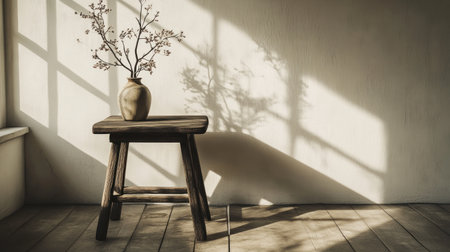 Minimalist interior design with a wooden side table and white wall, creating an elegant home decor. The light is cast from the window onto the wall, casting beautiful shadows. A vase of flowers sits atop one corner of the table, adding a touch of nature into your space. This image can be used as a mockup for digital art or graphic designs, showcasing how elements like wood texture and natural lighting enhance visual appeal in minimalistic interiors. --chaos 30 --ar 16:9 --v 6.1 Job ID: e729cb2c-3af8-4f40-aeb4-0e489aca7802の素材