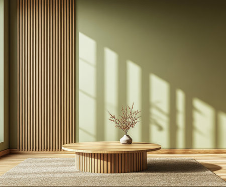 A simple and elegant interior wall with vertical wood slats, showcasing an empty table in the foreground. The room features wooden flooring and walls painted green. A small round coffee table is placed on top of the rug, adding to its minimalist aesthetic. This design emphasizes natural elements like solid oak and soft earth tones for a tranquil space. Photorealistic 3D rendering capturing every detail. --ar 6:5 --v 6.1 Job ID: d83c8c64-2429-4d44-b862-8ba8e0eb82b0の素材