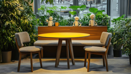 A photo of an office break area with green plants, wood, and fabric in the style of Thomas Kinkade. A yellow table is surrounded by three chairs. On one side is a bench made from dark oak wood that has a grey wool felt backrest and seat covered in light brown linen fabric. In front, there are two round coffee tables made of thick, solid pine wood with some papier-mÃ¢chÃ© figures sitting at them, drinking beverages. The space feels cozy and inviting. --ar 53:30 --v 6.1 Job ID: 37996b32-a2f0-4f5b-991b-42749a728323の素材