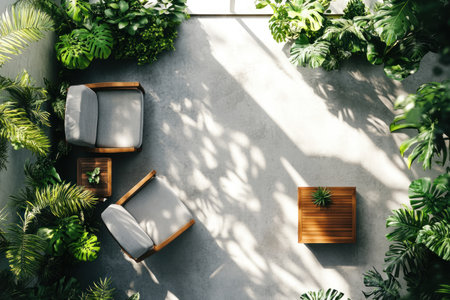 A top view of an empty concrete floor with gray armchairs and a wooden coffee table surrounded by green plants. Sunlight shines through the window, creating soft shadows on the ground. The scene exudes tranquility, warmth, comfort, and nature-inspired decor. --ar 3:2 --v 6.1 Job ID: 589207c5-fda8-46f2-981e-3e2f9836a721の素材