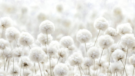 A serene scene of fluffy cotton grass in the foreground, with soft sunlight filtering through, creating a warm and inviting atmosphere. The background is blurred to focus on the delicate texture of the wooly plants. This composition evokes tranquility and natural beauty, perfect for a peaceful wallpaper or nature-themed design. --chaos 30 --ar 16:9 --v 6.1 Job ID: b37015e4-b6e4-464a-b874-1288599b558aの素材