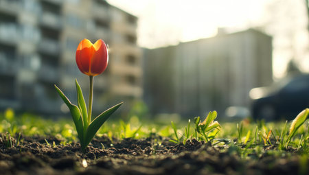 A single tulip flower sprouting from the ground in front of an apartment complex, with green grass and sunlight creating a peaceful scene of nature's growth. The focus is on the vibrant orange color of the flower against the soft background of buildings and sky. This visual metaphor symbolizes new beginnings or beauty emerging amidst challenging conditions. --ar 53:30 --v 6.1 Job ID: acb094d5-1740-458a-b6f3-661509359e40の素材