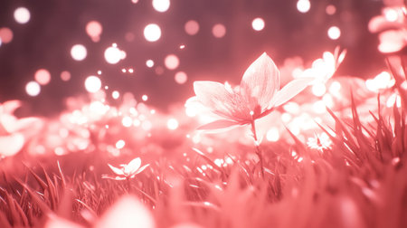 A soft, pastel-colored background with a blurred field of tall grass and delicate flowers in the foreground. The sunlight creates gentle light rays that highlight the details on each flower petal, giving an ethereal feel to the scene. This setting evokes feelings of calmness and tranquility. --chaos 30 --ar 16:9 --v 6.1 Job ID: 84f462dd-9daa-4982-b87a-794739c00359の素材