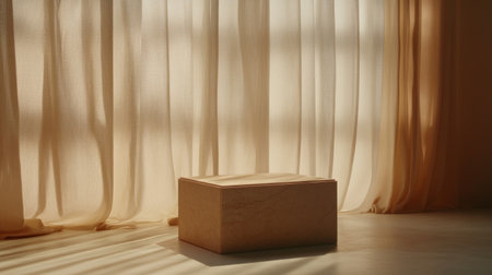 A minimal and elegant display of an empty podium, set against the backdrop of sheer curtains that cast soft shadows on its surface. The room is bathed in warm light from above, creating gentle highlights and reflections on both the podium and drapes. This scene exudes tranquility with its clean lines and muted tones, inviting viewers to focus their attention on the simplicity and beauty of the setting. --chaos 30 --ar 16:9 --v 6.1 Job ID: 43023200-920b-43de-a100-73f863a5138bの素材