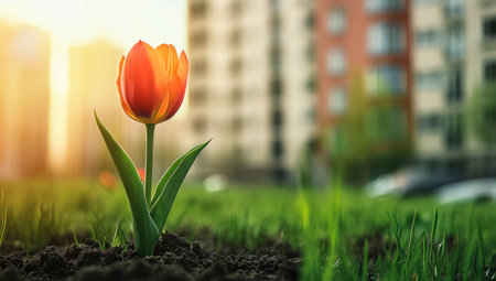 A single tulip sprouts from the soil in front of an apartment complex, with green grass and sunlight creating a serene background. The focus is on the vibrant orange flower against the soft pastel colors of the sky and buildings. This scene symbolizes new beginnings or springtime growth within urban environments. --ar 53:30 --v 6.1 Job ID: f0c316ab-c784-4168-893d-883f655db9bdの素材