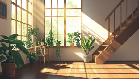 A warm and inviting interior of an apartment with large windows, a wooden staircase leading to the upper floor, indoor plants, and natural light streaming in from outside. --ar 53:30 --v 6.1 Job ID: 0f852f42-fe0a-4c21-bc95-35af399b5953の素材