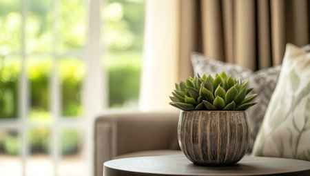A small potted succulent plant on top of an end table in the living room, with a blurred background featuring window curtains and a sofa. A close-up shot focuses on the greenery and texture of the pot against the neutral color scheme of the interior decor. The soft lighting accentuates its vibrant colors. This high-resolution photograph captures the serene atmosphere of home comfort. --ar 53:30 --v 6.1 Job ID: 46a69db4-1e9c-4c87-afb5-b767109c3e73の素材